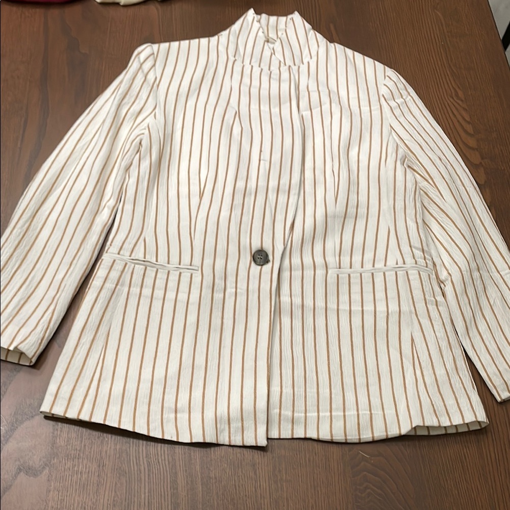 H&M Cream and Brown Blazer with Mandarin Collar